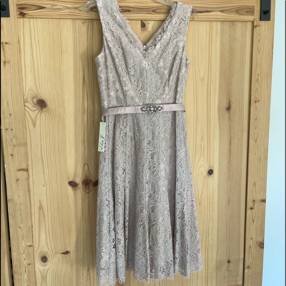 Beautiful neutral lace overlay a line dress